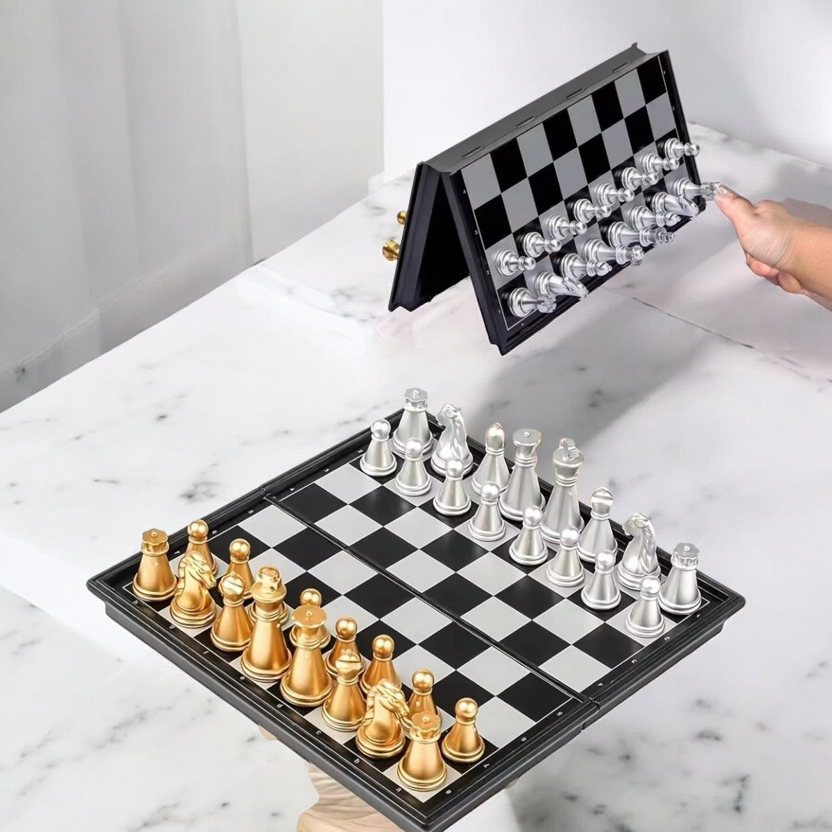 Magnetic Travel Chess Set Portable Mini Small Luxury Silver Gold -7.5 Inch