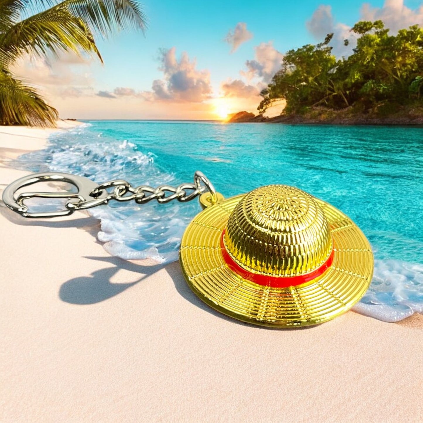 Gold Straw Hat Keychain - OP Fan - Anime Manga - Metal Ring 4cm