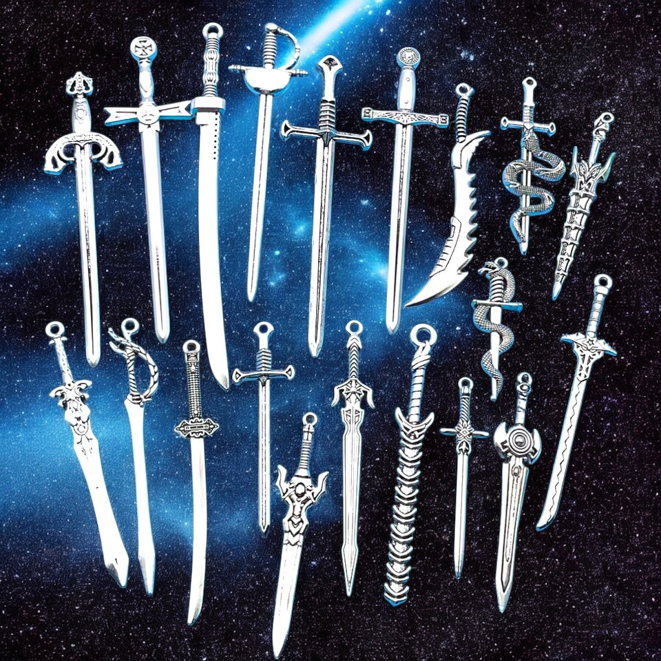 20 Pcs Ancient Silvery Mini Sword Metal Set - Keychains/bookmarks