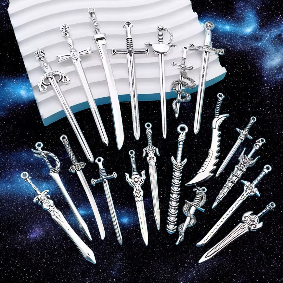 20 Pcs Ancient Silvery Mini Sword Metal Set - Keychains/bookmarks