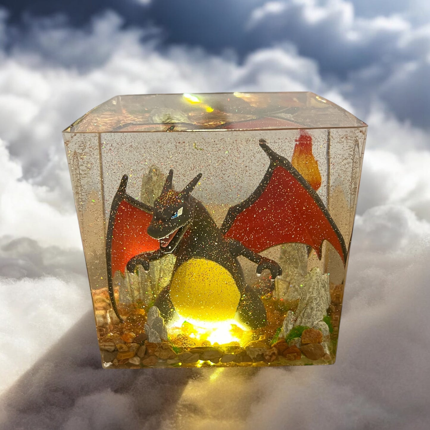 Shiny Charizard Light 4" LARGE Resin Cube - Pokemon Handmade Gift Display