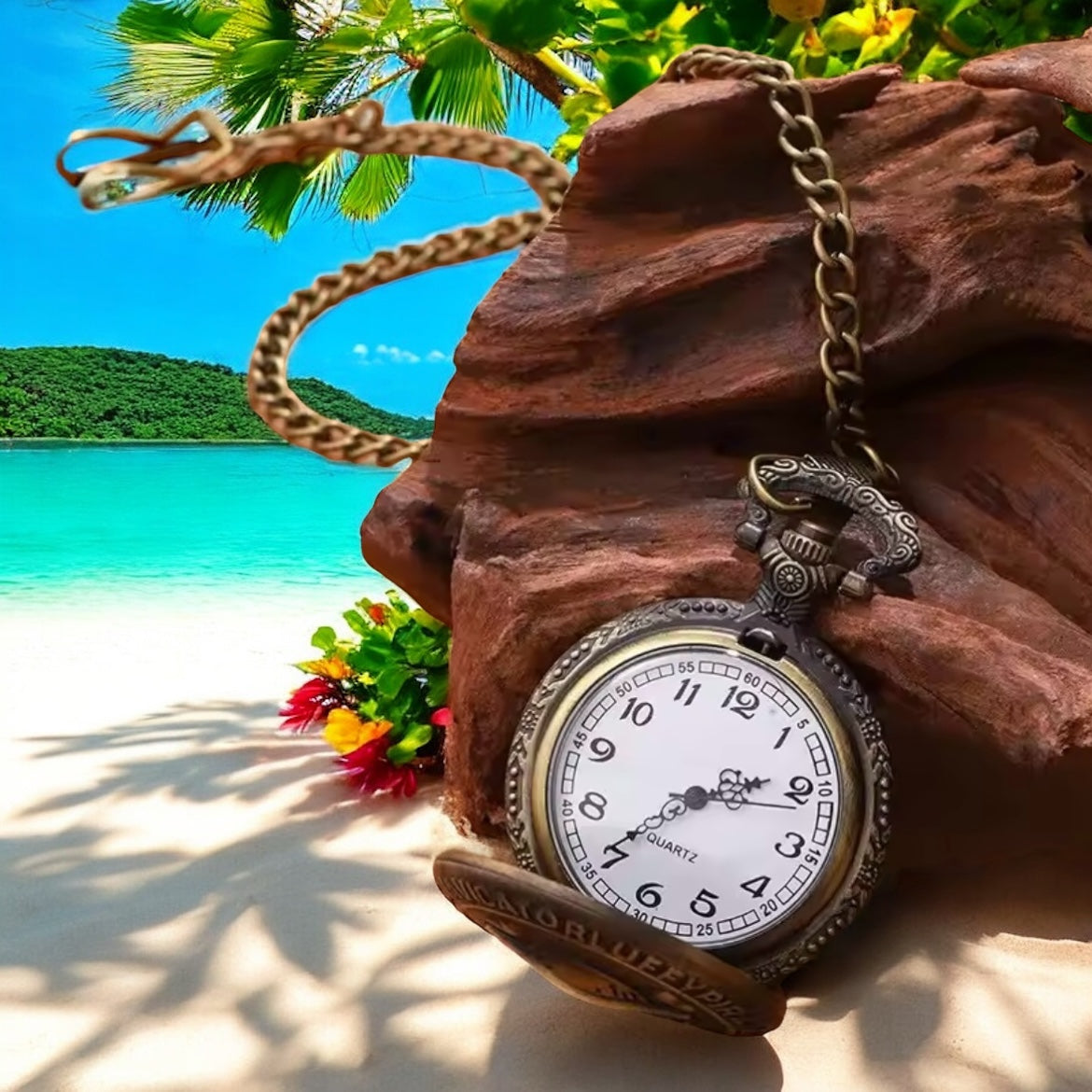 Bronze Pirate Skull Anime OP Quartz Pocket Watch & Fish Hook Bracelet