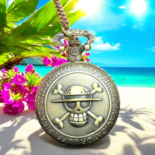 Bronze Pirate Skull Anime OP Quartz Pocket Watch & Fish Hook Bracelet