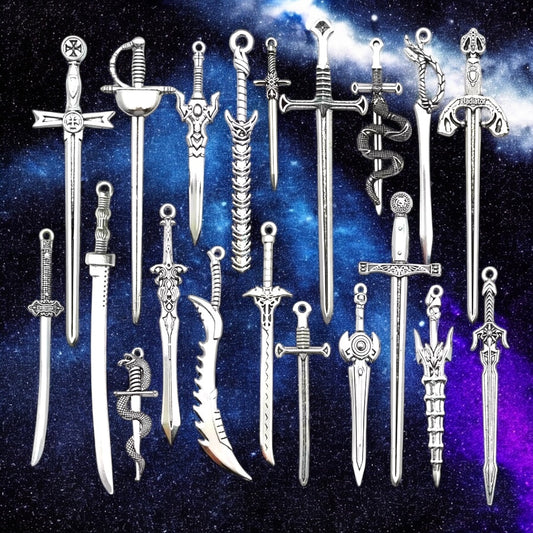 20 Pcs Ancient Silvery Mini  Sword Metal Set - Keychains/bookmarks