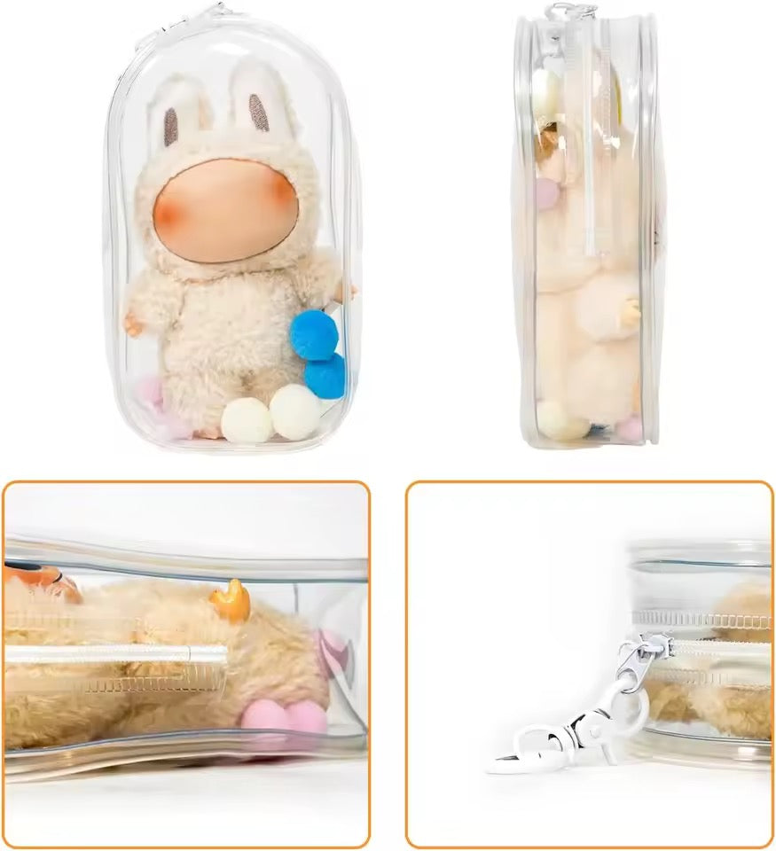 Clear Display Case with keychain for Labubu 17cm Doll – Travel Bag & Dust Cover